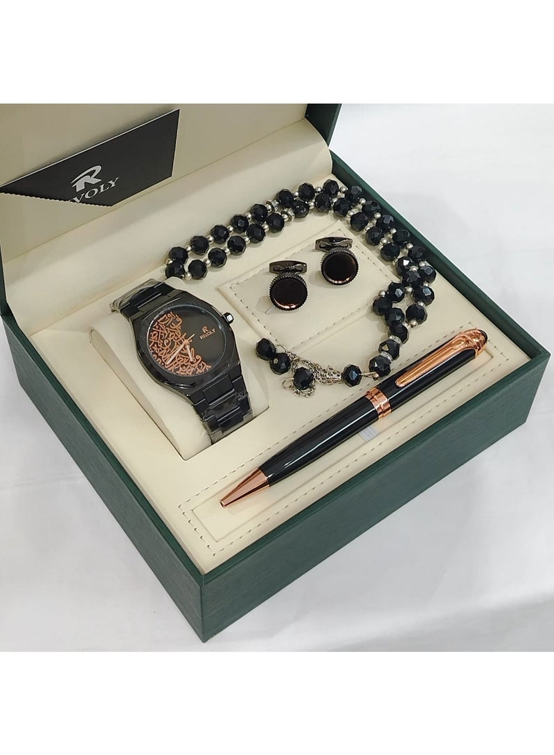 A men's set from the Rivoly brand consisting of a wristwatch decorated with Arabic inscriptions, a pen, a rosary, and a pair of cufflinks in a luxurious gift box.